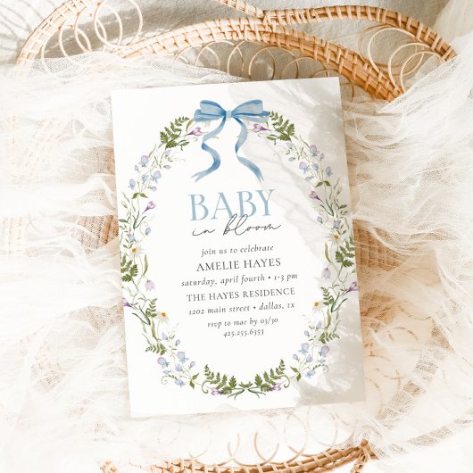 ベビーイン開花ブルー春フローラボウベイビーシャワー 招待状