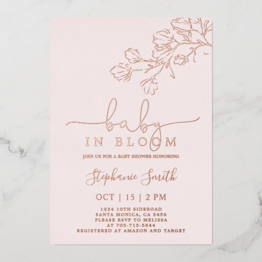 ベビーイン開花ベビーシャワーガールフォイル招待状 箔招待状 (正面)