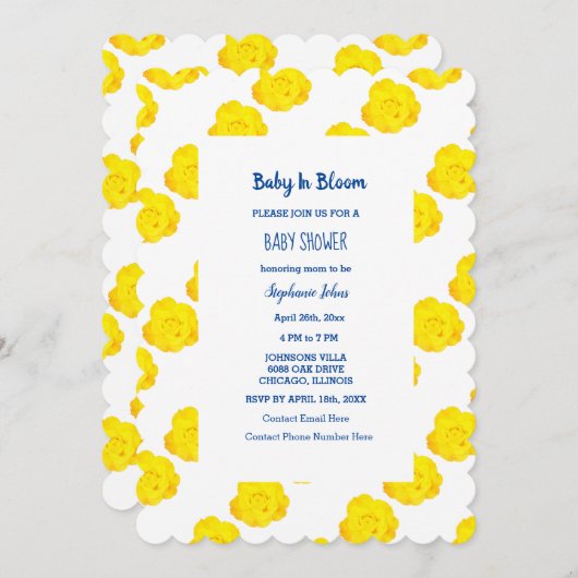 ベビーイン開花ベビーシャワーブルーイエローローズフローラ 招待状 (正面/裏面)
