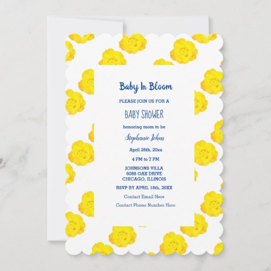 ベビーイン開花ベビーシャワーブルーイエローローズフローラ 招待状 (正面)