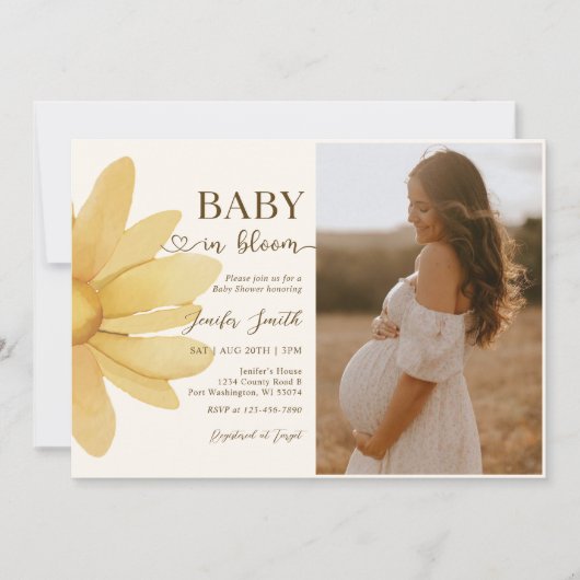 ベビーイン開花ボホデイジーフローラガールシャワー写真 招待状 (正面)
