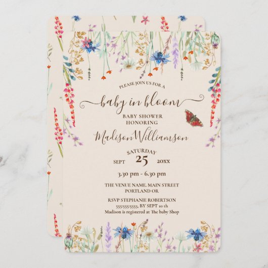 ベビーイン開花ボホワイルドフラワーメドーベイビーシャワー 招待状 (正面/裏面)