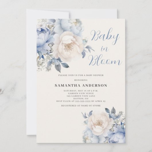ベビーイン開花ボーイブルーフローラシャワー招待状 招待状 (正面)