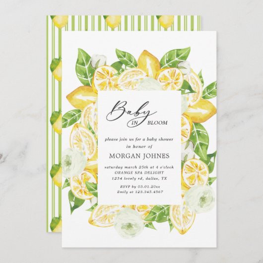 ベビーイン開花レモンブーケ赤ちゃんシャワー招待状 (正面/裏面)