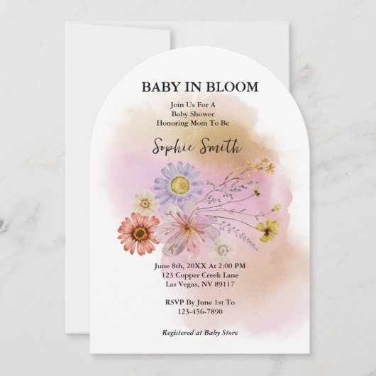 ベビーイン開花ワイルドフラワーウォーターカラーアーチ 招待状 (正面)