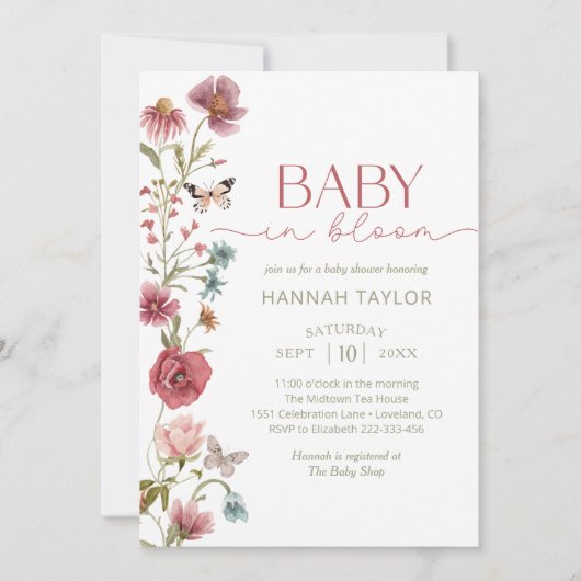 ベビーイン開花ワイルドフラワーガールベビーシャワー 招待状 (正面)