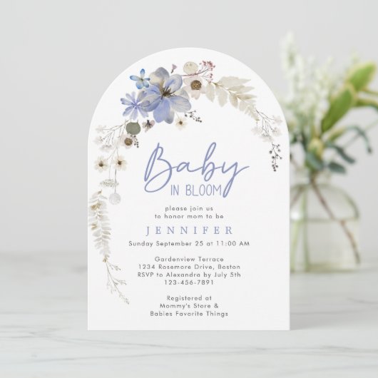 ベビーイン開花ワイルドフラワーフローラアーチ赤ちゃんシャワー 招待状 (スタンド正面)