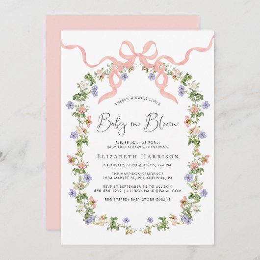 ベビーイン開花ワイルドフラワーベビーガールシャワー 招待状 (正面/裏面)