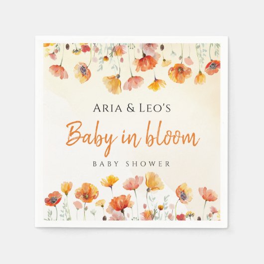 ベビーイン開花ワイルドフラワーベビーシャワーナプキン スタンダードカクテルナプキン (正面)
