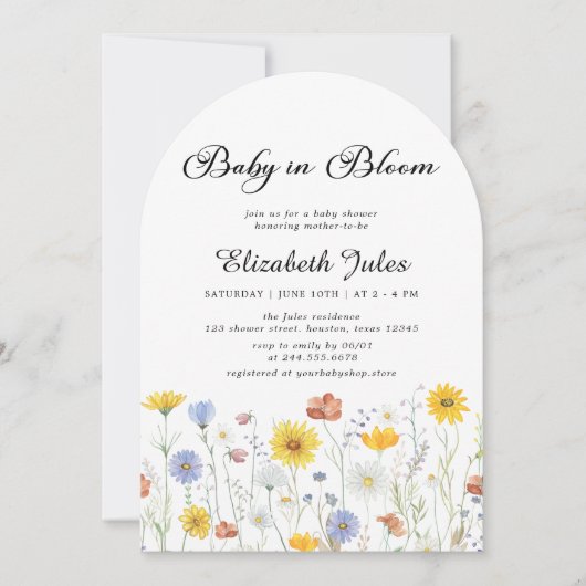 ベビーイン開花ワイルドフラワーベビーシャワー招待状 招待状 (正面)