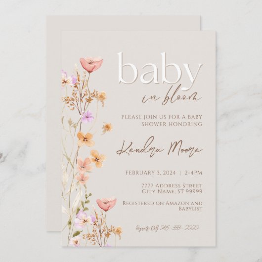 ベビーイン開花ワイルドフラワーベビーシャワー招待状 招待状 (正面/裏面)