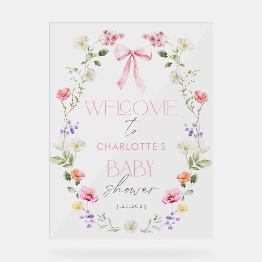 ベビーイン開花ワイルドフラワーボウベイビーシャワーウェルカム アクリルサイン (正面)