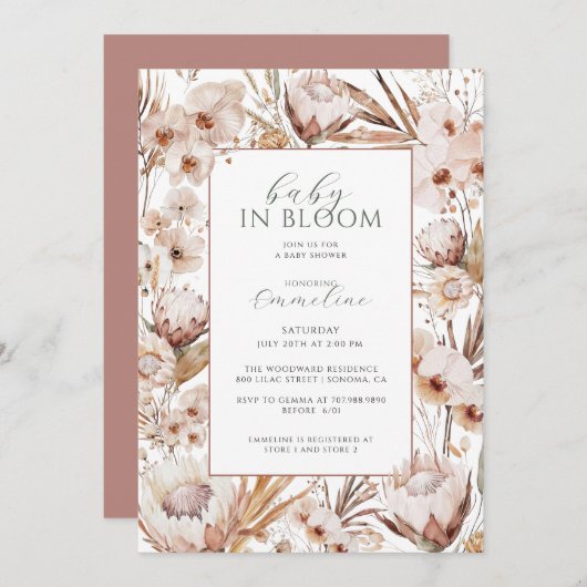 ベビーイン開花ワイルドフラワーボホベイビーシャワー 招待状 (正面/裏面)