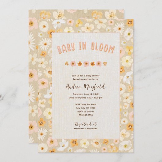 ベビーイン開花押し花ベビーシャワー 招待状 (正面/裏面)