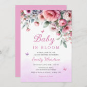 ベビーイン開花春ピンクフローラガールベビーシャワー 招待状 (正面/裏面)