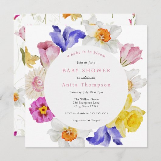 ベビーイン開花春フローラベビーシャワー 招待状 (正面/裏面)