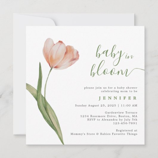 ベビーイン開花水彩ピーチチューリップベビーシャワー 招待状 (正面)