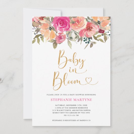 ベビーイン開花水彩秋フローラベビーシャワー 招待状 (正面)