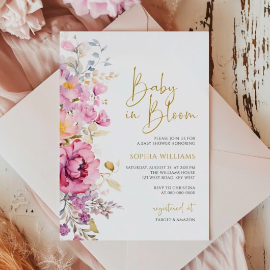 ベビーイン開花紫ワイルドフラワーベビーシャワー 招待状