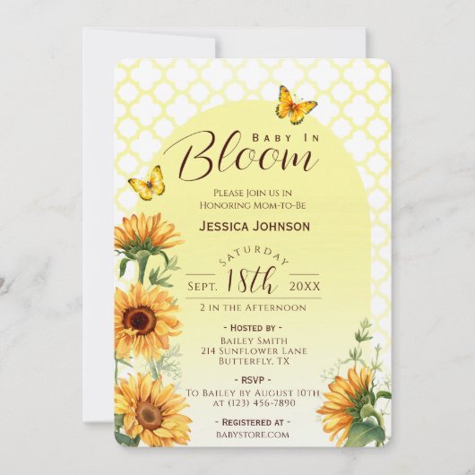 ベビーイン開花黄色ひまわり赤ちゃんシャワー 招待状 (正面)