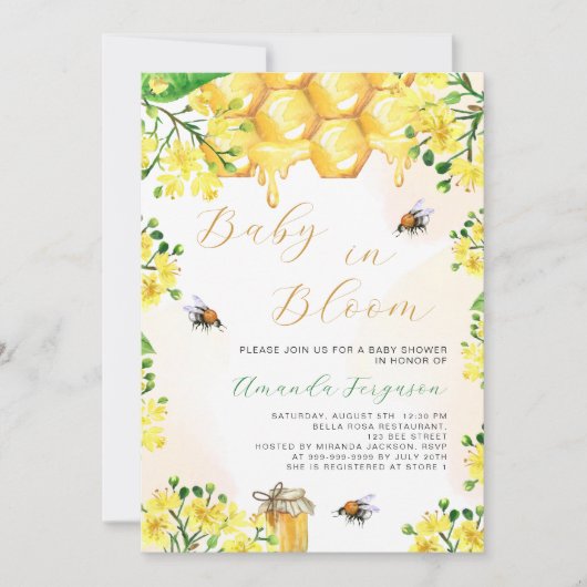 ベビーイン開花黄色花模様ミツバチ赤ちゃんシャワー 招待状 (正面)