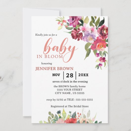 ベビーイン開花 |ピンクフローラの水色シャワー 招待状 (正面)