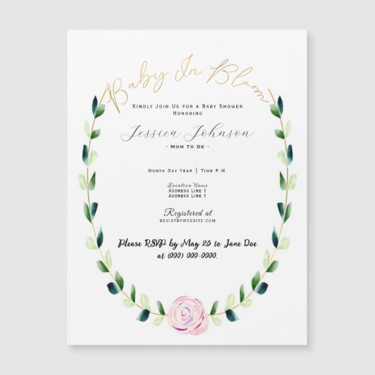 ベビーイン開花-フローラ水彩及び金ゴールドカード マグネット招待状 (正面)