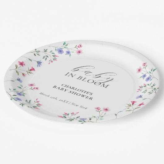 ベビーイン開花 |ワイルドフラワーエレガントの赤ちゃんシャワー ペーパープレート (アングル)