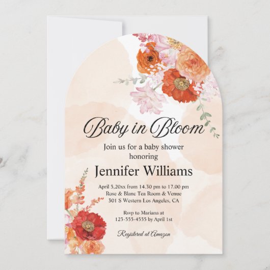 ベビーイン開花、植物性オレンジのアーチ赤ちゃんシャワー 招待状 (正面)