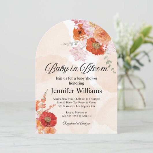 ベビーイン開花、植物性オレンジのアーチ赤ちゃんシャワー 招待状 (スタンド正面)