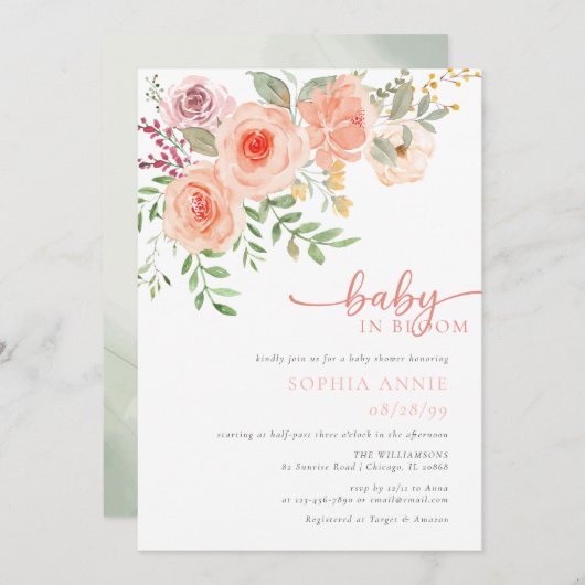 ベビーイン開花 |赤面とティール(緑がかった色)春フローラシャワー 招待状 (正面/裏面)