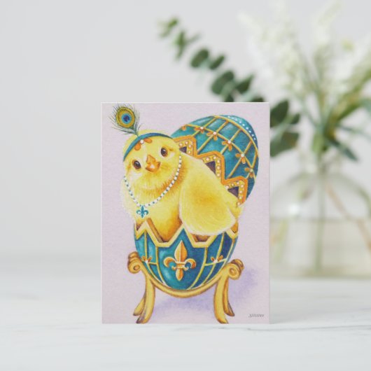 ベビーイースターフラッパーチックブルーエッグウォーターカラーアート ポストカード (スタンド正面)