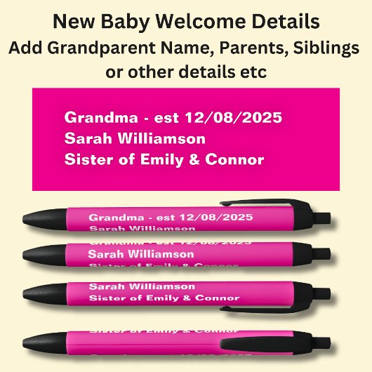 ベビーウェルカムペン、名前と詳細の追加 黒ボールペン