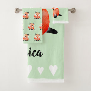 ベビーウォーターカラーウッドランドフォレストキツネ（名前付き） バスタオルセット