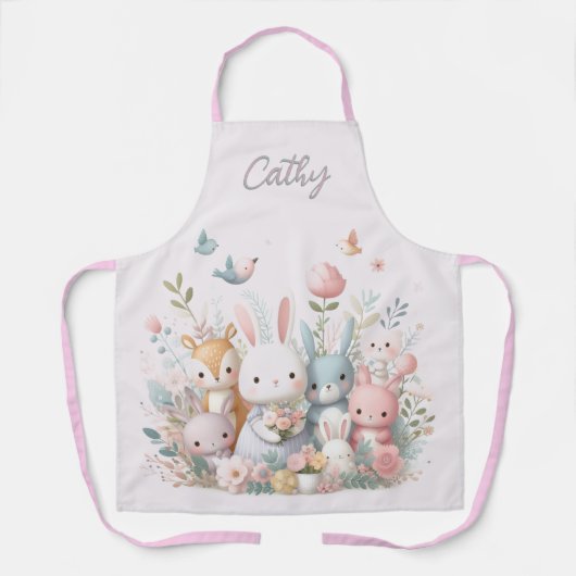 ベビーウッドランドアニマルズピンクオールオーバープリントエプロン エプロン (正面)