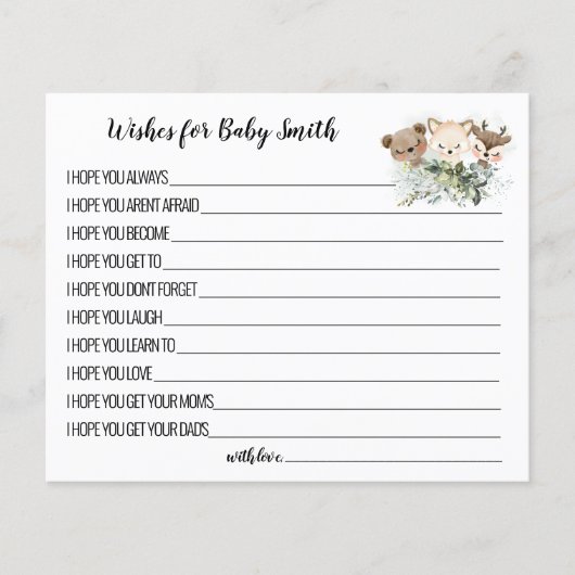 ベビーウッドランド動物赤ちゃんシャワーカードの願い チラシ (正面)