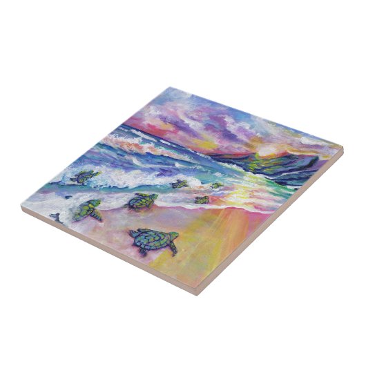 ベビーウミガメとビーチセラミックタイル タイル (側面)