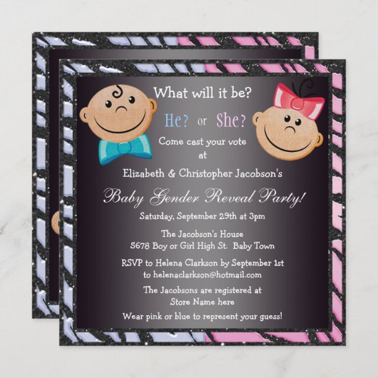 ベビーエレガントの性別の公開ベビーとゼブラ印刷 招待状 (正面/裏面)