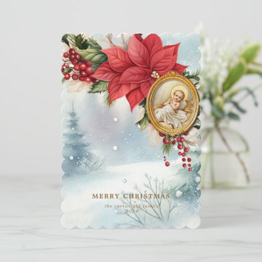 ベビーエレガントイエズポインセチア水彩画 シーズンカード (スタンド正面)