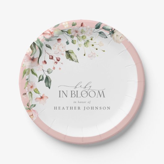 ベビーエレガントイン開花ピンクの女の子の水色の花 ペーパープレート (正面)