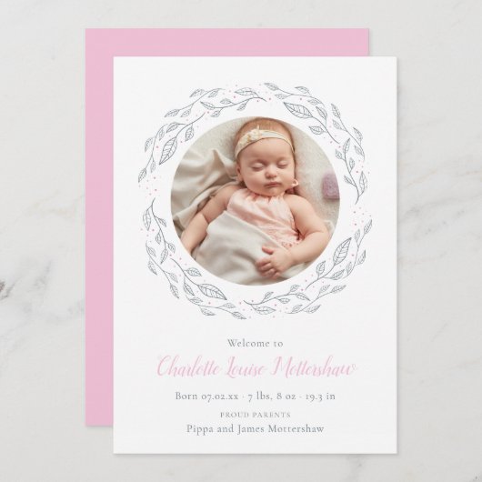 ベビーエレガントガールフォトフローラガーランド誕生 案内状 (正面/裏面)