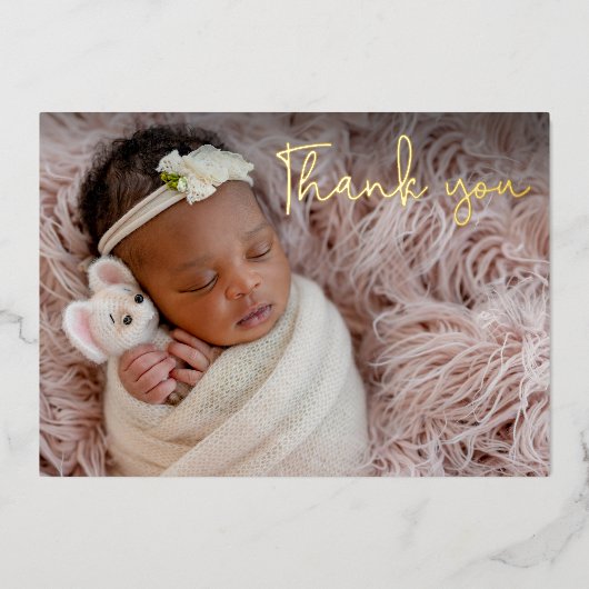 ベビーエレガントガール写真ありがとうスクリプト金ゴールド 箔シーズンカード (正面)