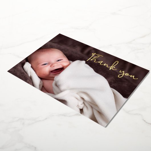 ベビーエレガントガール誕生写真ありがとうスクリプト 箔シーズンカード (回転した状態)