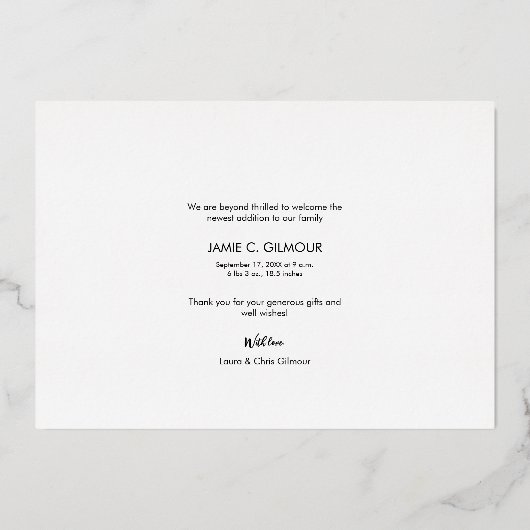 ベビーエレガントガール誕生写真ありがとうスクリプト 箔シーズンカード (裏面)