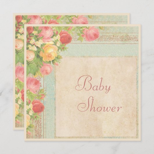 ベビーエレガントシャワーヴィンテージバラ 招待状 (正面/裏面)