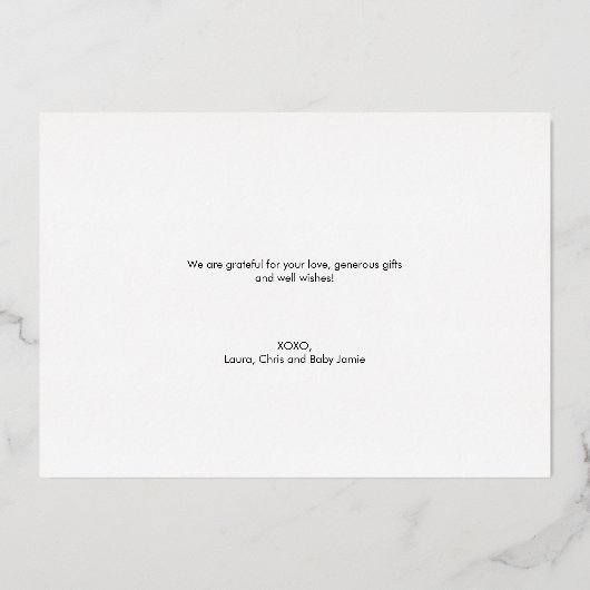 ベビーエレガントシャワー感謝してい写真You Script 箔招待状 (裏面)
