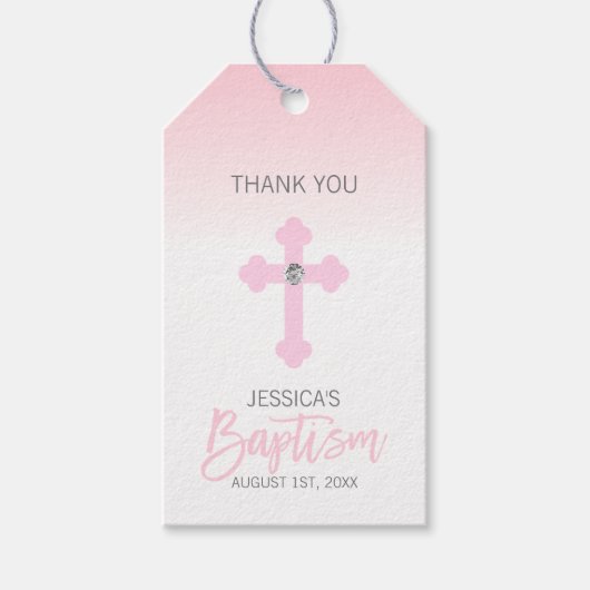 ベビーエレガントピンククロスサンキューバプティスガール ギフトタグ (正面)