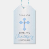 ベビーエレガントブルークロスサンキュー《キリスト教》洗礼式や命名式少年 ギフトタグ (正面)