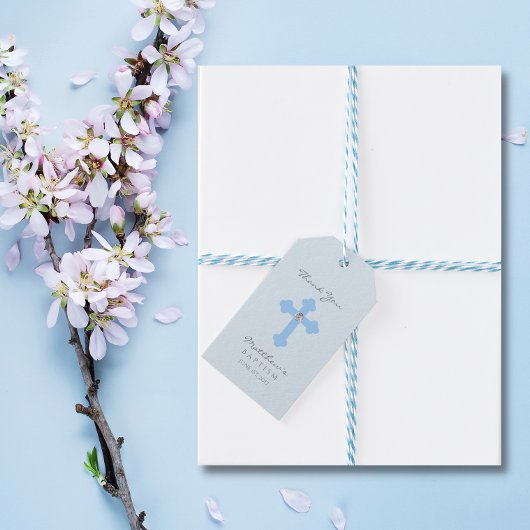 ベビーエレガントブルークロスバプテスマ/《キリスト教》洗礼式や命名式ボーイ ギフトタグ