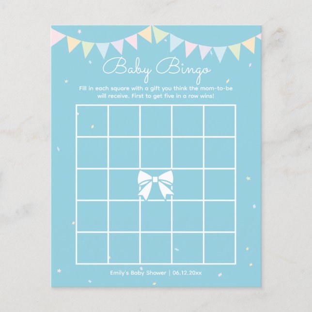 ベビーエレガントブルーボーイベビーシャワーベビービンゴゲーム (正面)
